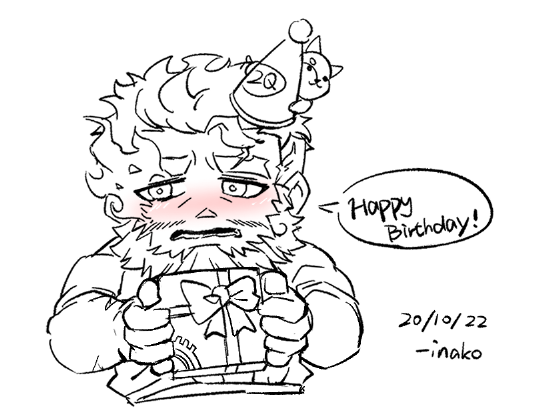 1boy bara beard blush chibi dated english_text eyebrow_cut facial_hair flaming_eye happy_birthday hat hephaestus_(housamo) incoming_gift male_focus mature_male party_hat scar sdz_(inazuma) short_hair solo spot_color thick_eyebrows tokyo_houkago_summoners