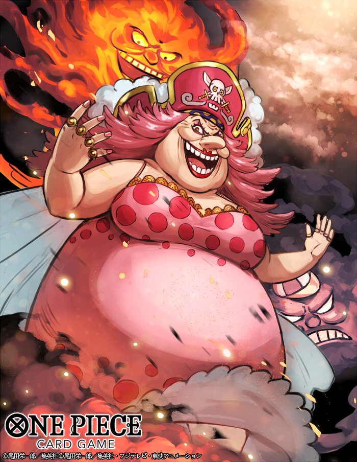 1girl big_nose charlotte_linlin cloud cloudy_sky commentary_request copyright_name dress embers evil_smile from_below hat hat_feather jewelry long_hair nijihayashi official_art one_piece one_piece_card_game pink_dress pink_nails pirate_hat prometheus_(one_piece) red_lips ring sky smile smoke v-shaped_eyebrows zeus_(one_piece)