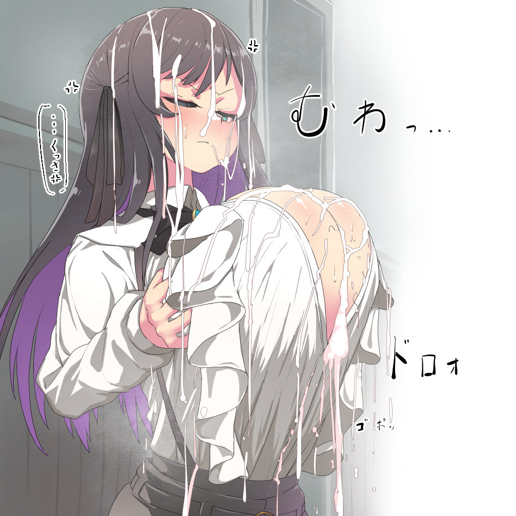 1girl after_paizuri alina_clover anger_vein black_skirt blush breasts brown_hair cleavage closed_mouth colored_inner_hair cum cum_on_body cum_on_breasts cum_on_clothes cum_on_upper_body facial from_side green_eyes guild_no_uketsukejou_desu_ga_zangyou_wa_iya_nanode_boss_wo_solo_toubatsu_shiyou_to_omoimasu half-closed_eye hand_on_own_chest huge_breasts large_variant_set long_hair looking_ahead multicolored_hair one_eye_closed partially_unbuttoned pt purple_hair shirt skirt solo sound_effects speech_bubble steaming_body suspender_skirt suspenders sweat translation_request variant_set very_long_hair white_shirt