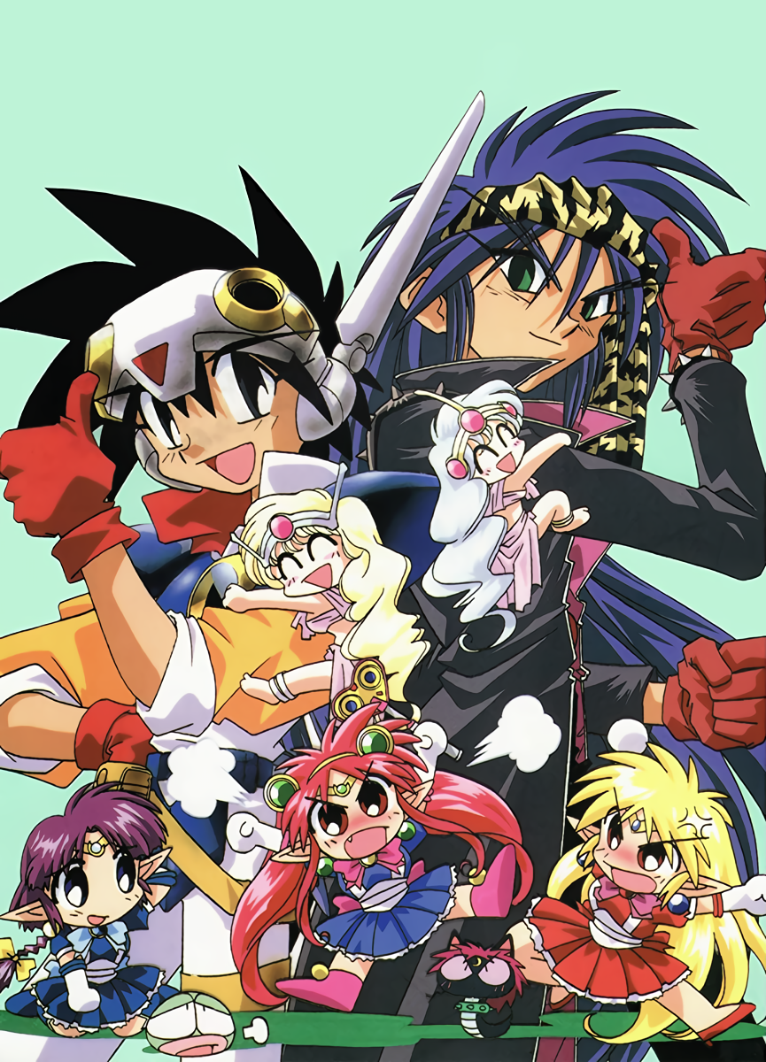1990s_(style) 2boys 5girls anger_vein anklet arara_cocoa arara_milk arm_behind_head arm_up baba_lamune black_eyes black_hair blonde_hair blue_dress blue_eyes blue_hair blush bracelet braid braided_ponytail chibi coat da_cider dress elbow_gloves fang gloves gold_mountain green_background green_eyes hairband headgear heavy_meta-ko highres jewelry leska_(arara_cafe_au_lait) long_hair long_sleeves magical_girl mini_person minigirl multiple_boys multiple_girls ng_knight_lamune_&amp;_40 nose_blush official_art open_mouth pointy_ears purple_hair red_dress red_eyes red_gloves red_hair retro_artstyle short_dress silver_mountain simple_background sitting smile snake spiked_bracelet spikes tama-q thumbs_up tiara v-shaped_eyebrows very_long_hair wariza white_hair
