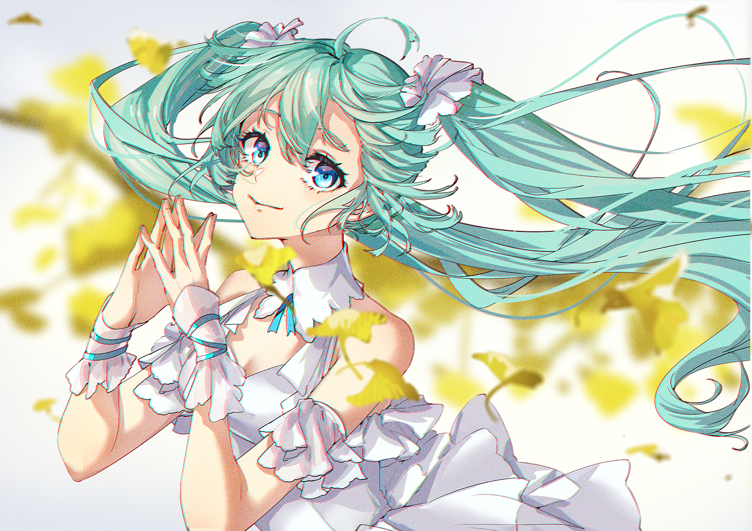 1girl absurdly_long_hair aqua_eyes aqua_hair artist_name artist_request blue_eyes blue_hair breasts cleavage dress female_focus haitang hatsune_miku long_hair own_hands_together parted_lips skirt small_breasts smile solo twintails very_long_hair vocaloid white_detached_collar white_dress white_skirt