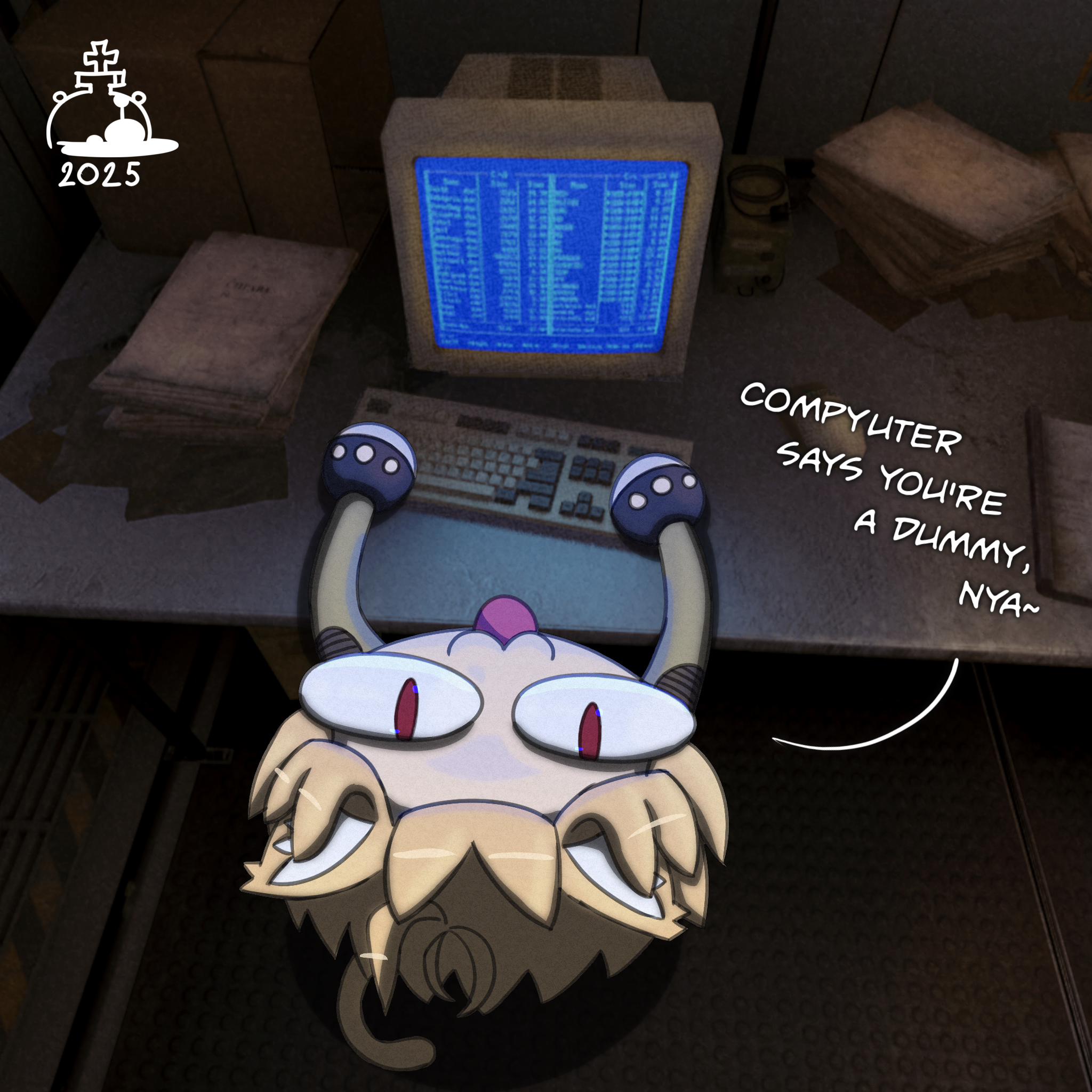 1girl 2025 :3 adapted_costume antykvarnyy_kalamar blue_light crossover english_text game_screenshot_inset highres looking_at_viewer looking_up neco-arc neco_spirit pov stalker_(game) stalker_2:_heart_of_chornobyl tsukihime