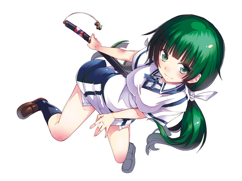 1girl black_socks blush body_blush dress_shirt female_focus from_above full_body green_eyes green_hair katana kneehighs light_smile loafers long_hair looking_at_viewer maji_de_watashi_ni_koi_shinasai! matching_hair/eyes matsukaze_(maji_de_watashi_ni_koi_shinasai!) mayuzumi_yukie school_uniform sheath sheathed shirt shoes simple_background skirt socks solo sword tamon_ketsuyuki twintails vest weapon