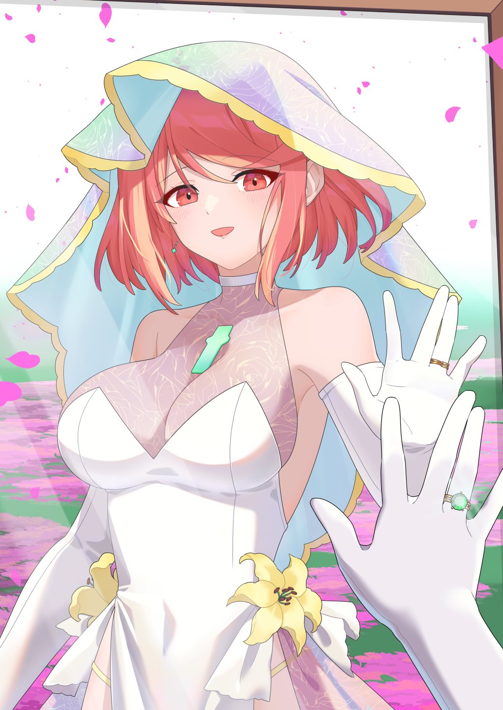 1girl bare_shoulders breasts chest_jewel core_crystal_(xenoblade) dress earrings hehe_jun highres jewelry large_breasts looking_at_viewer mirror purple_petals pyra_(xenoblade) red_eyes red_hair reflection see-through_clothes short_hair solo upper_body wedding_dress white_dress xenoblade_chronicles_(series) xenoblade_chronicles_2
