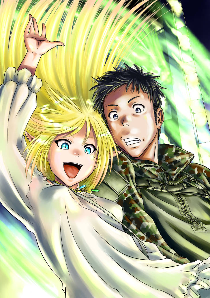 1boy 1girl black_eyes black_hair blonde_hair blue_eyes breasts building camouflage cover cover_page dress elf frilled_dress frills gate_-_jieitai_ka_no_chi_nite_kaku_tatakaeri hand_up itami_youji japan_ground_self-defense_force japan_self-defense_force long_sleeves manga_cover medium_breasts military military_fatigues military_uniform open_mouth pointy_ears sao_satoru smile teeth thong tuka_luna_marceau