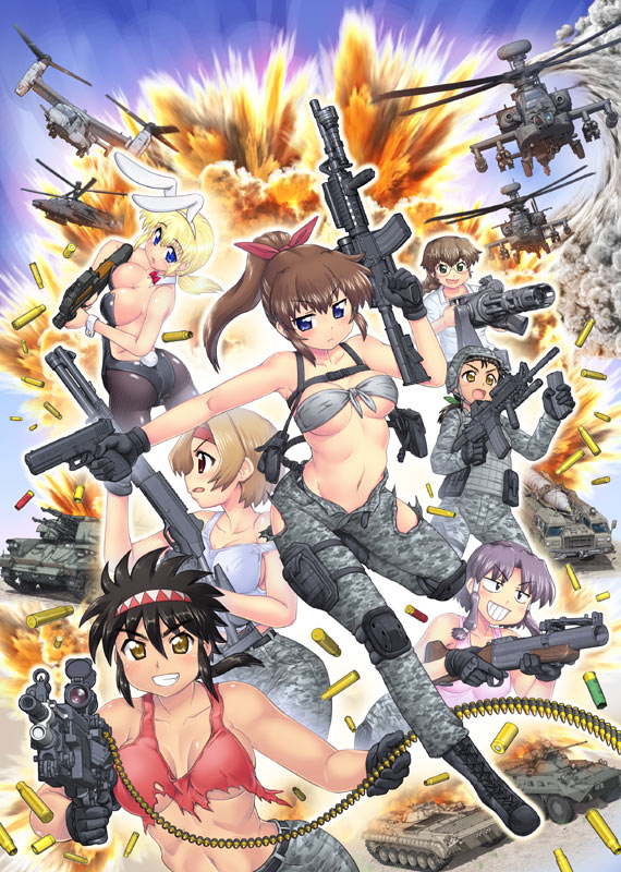 1boy 6+girls ah-64_apache aircraft ammunition ammunition_belt animal_ears armored_personnel_carrier armored_vehicle ass assault_rifle attack_helicopter ballistic_missile break-action_grenade_launcher breasts bullet shell_casing bullpup camouflage camouflage_pants eotech explosion fake_animal_ears gatling_gun glock grenade_launcher gun gunship handgun hase_yu helicopter helicopter_gunship leotard m4_carbine m79 machine_gun medium_machine_gun military military_vehicle minigun missile missile_launcher missile_vehicle motor_vehicle multiple-barrel_gun multiple_girls original osprey p90 pants pantyhose personal_defense_weapon playboy_bunny rabbit_ears rifle rotary_machine_gun shell_casing shotgun submachine_gun surface-to-surface_missile tank tiltrotor transporter_erector_launcher trigger_discipline v-22_osprey vehicle weapon