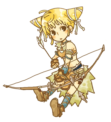arrow_(projectile) bad_id bad_pixiv_id blonde_hair bow_(weapon) cone_hair_bun hair_bun lowres mokiji solo trusty_bell viola weapon