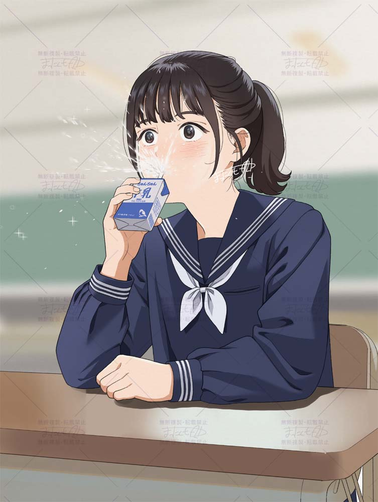 1girl blue_sailor_collar blue_shirt blurry blurry_background blush brown_eyes brown_hair desk drink drinking holding holding_drink juice_box long_sleeves mattaku_mousuke neckerchief original ponytail sailor_collar school_desk school_uniform shirt short_hair solo spitting upper_body watermark white_neckerchief