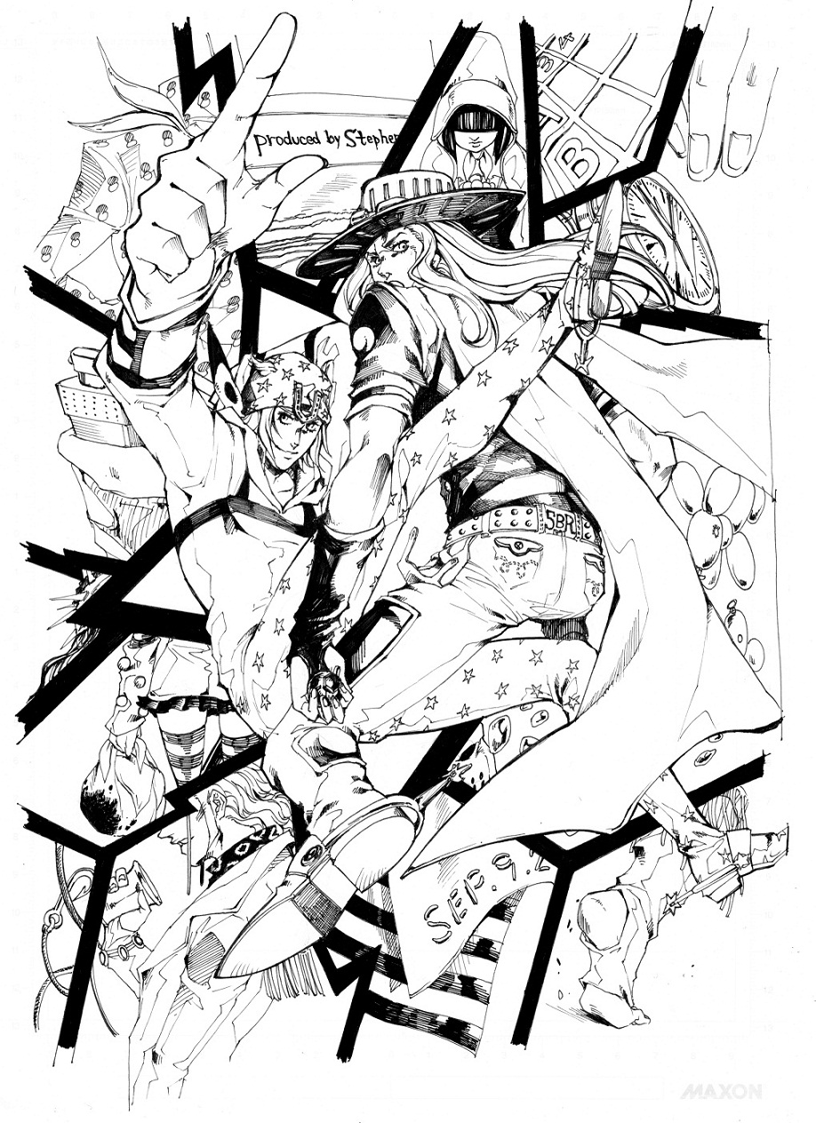 2girls 6+boys boots cape chocolate_disco cream_starter_(stand) disco_(jojo) disco_(sbr) greyscale gyro_zeppeli hachikoo_(astatine) hat highres hot_pants_(sbr) johnny_joestar jojo_no_kimyou_na_bouken monochrome monochrome mountain_tim multiple_boys multiple_girls oh!_lonesome_me_(stand) pocket_watch sandman_(sbr) spurs stand_(jojo) steel_ball_run sugar_mountain tubular_bells_(stand) watch wekapipo