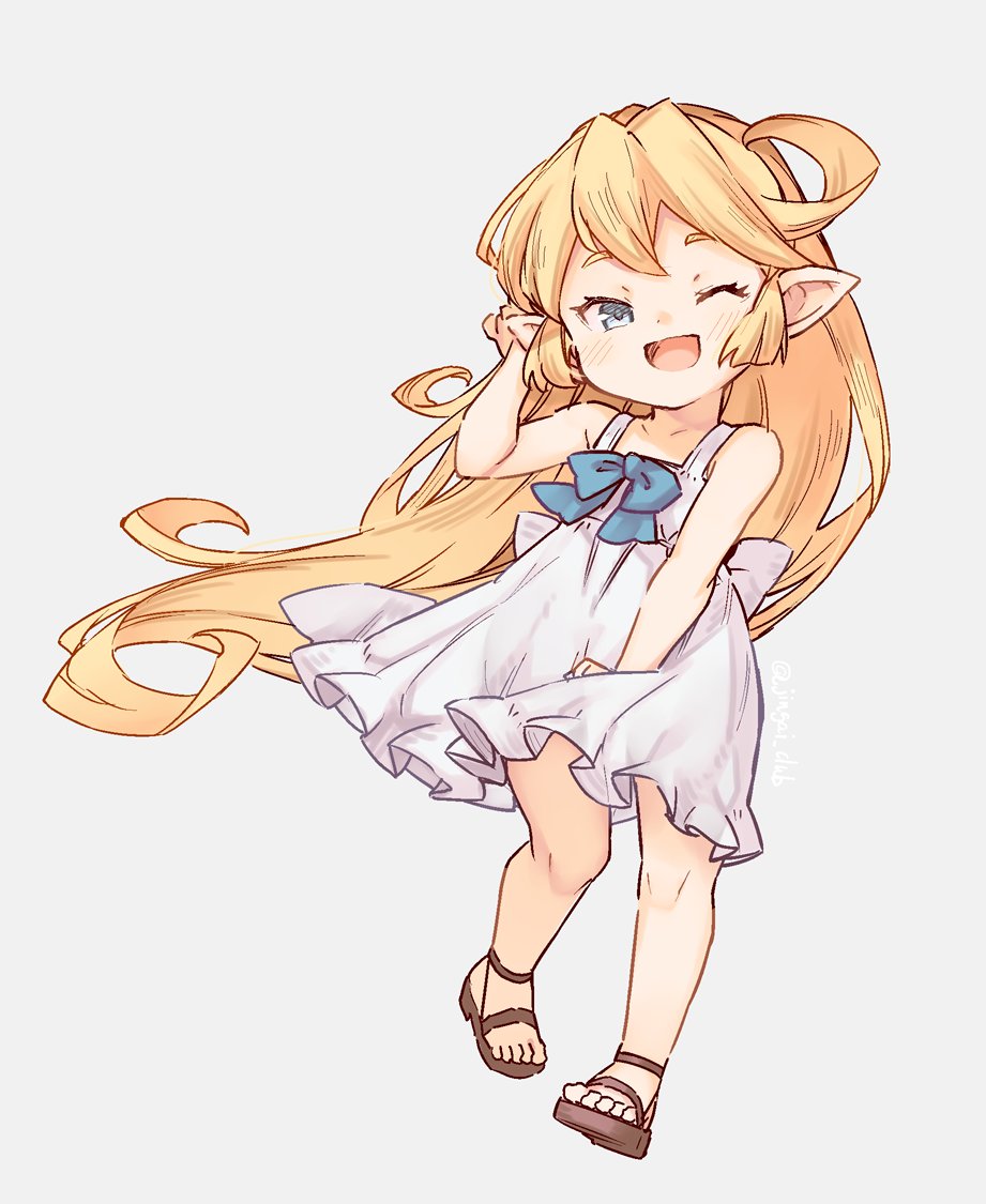 1girl ;d blonde_hair blue_eyes blush brown_sandals charlotta_(granblue_fantasy) commentary_request dress full_body granblue_fantasy grey_background harvin jingai_modoki long_hair one_eye_closed open_mouth pointy_ears sandals simple_background sleeveless sleeveless_dress smile solo very_long_hair white_dress