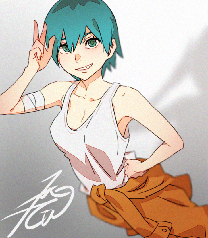 1girl aqua_hair blue_eyes breasts clothes_around_waist grin hand_on_own_hip kobayashi_gen linda_(linda_cube) linda_cube looking_at_viewer short_hair simple_background smile solo v