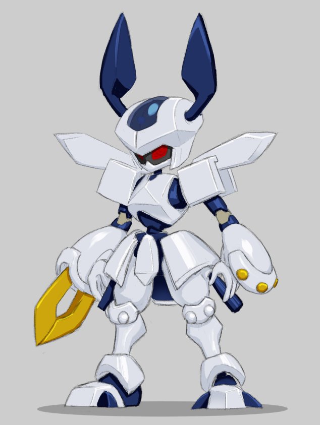 1boy arm_blade armor commentary_request full_body grey_background humanoid_robot male_focus medarot red_eyes robot rokusho_(medarot) simple_background soezy solo weapon white_armor