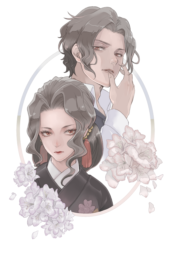 1boy 1girl black_hair cropped_torso demon_boy demon_girl flower genderswap genderswap_(mtf) kibutsuji_muzan kibutsuji_muzan_(female) kimetsu_no_yaiba looking_at_viewer red_hair ryokuyuu white_flower