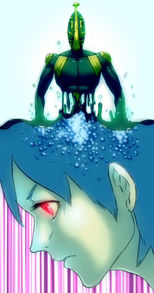 1girl colored_skin dual_persona foo_fighters_(jojo) foo_fighters_(stand) glowing glowing_eyes green_hair green_skin jojo_no_kimyou_na_bouken kamiura red_eyes short_hair slime_(substance) stand_(jojo) stone_ocean water