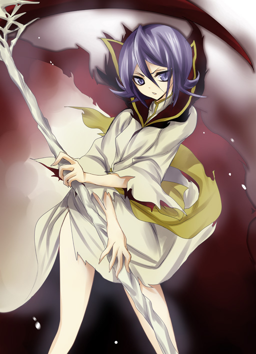 00s 1girl alternate_weapon bleach bleach:_fade_to_black dark_rukia female_focus gradient_background hair_between_eyes kuchiki_rukia purple_eyes purple_hair sanshoku_amido scythe solo weapon