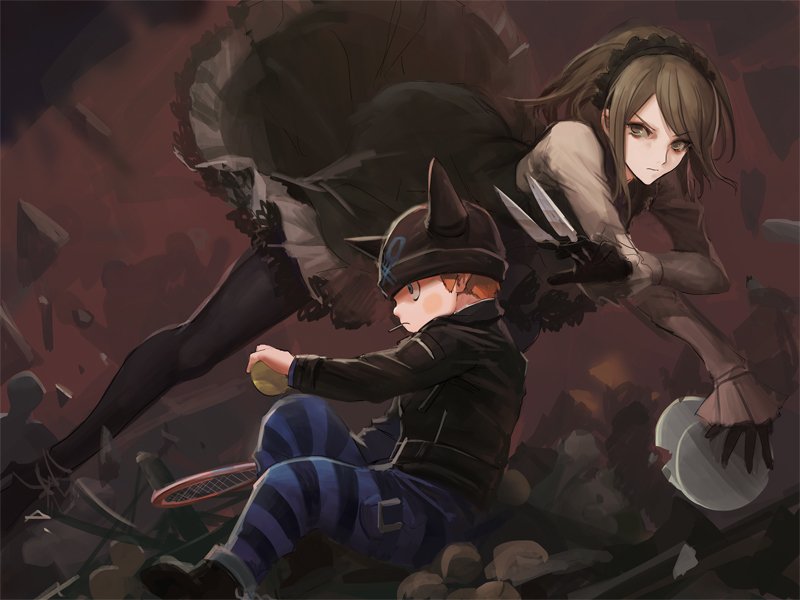 1boy 1girl animal_ear_headwear animal_ears ball beanie belt belt_buckle between_fingers black_belt black_collar black_dress black_eyes black_footwear black_hairband black_hat black_jacket black_pants black_pantyhose black_sleeves blonde_hair blue_pants blush_stickers brown_hair buckle cat_ears circle_skirt closed_mouth collar collared_jacket collared_shirt cooking_pot cuffs danganronpa_(series) danganronpa_v3:_killing_harmony debris dress expressionless fake_animal_ears fighting frilled_dress frilled_sleeves frills from_side full_body green_eyes hairband hat height_difference holding holding_ball holding_cooking_pot holding_knife holding_tennis_racket hoshi_ryoma jacket knees knife korogashimushi lace lace-trimmed_dress lace-trimmed_hairband lace_trim leaning_forward leather leather_jacket light_frown long_sleeves looking_ahead looking_to_the_side pants pantyhose pocket red_background shackles shirt shoes short_hair silhouette single_ankle_cuff sleeveless sleeveless_dress sleeves_past_wrists smoking striped_clothes striped_pants tennis_ball third-party_source tojo_kirumi two-tone_pants unconventional_weapon v-shaped_eyebrows white_shirt