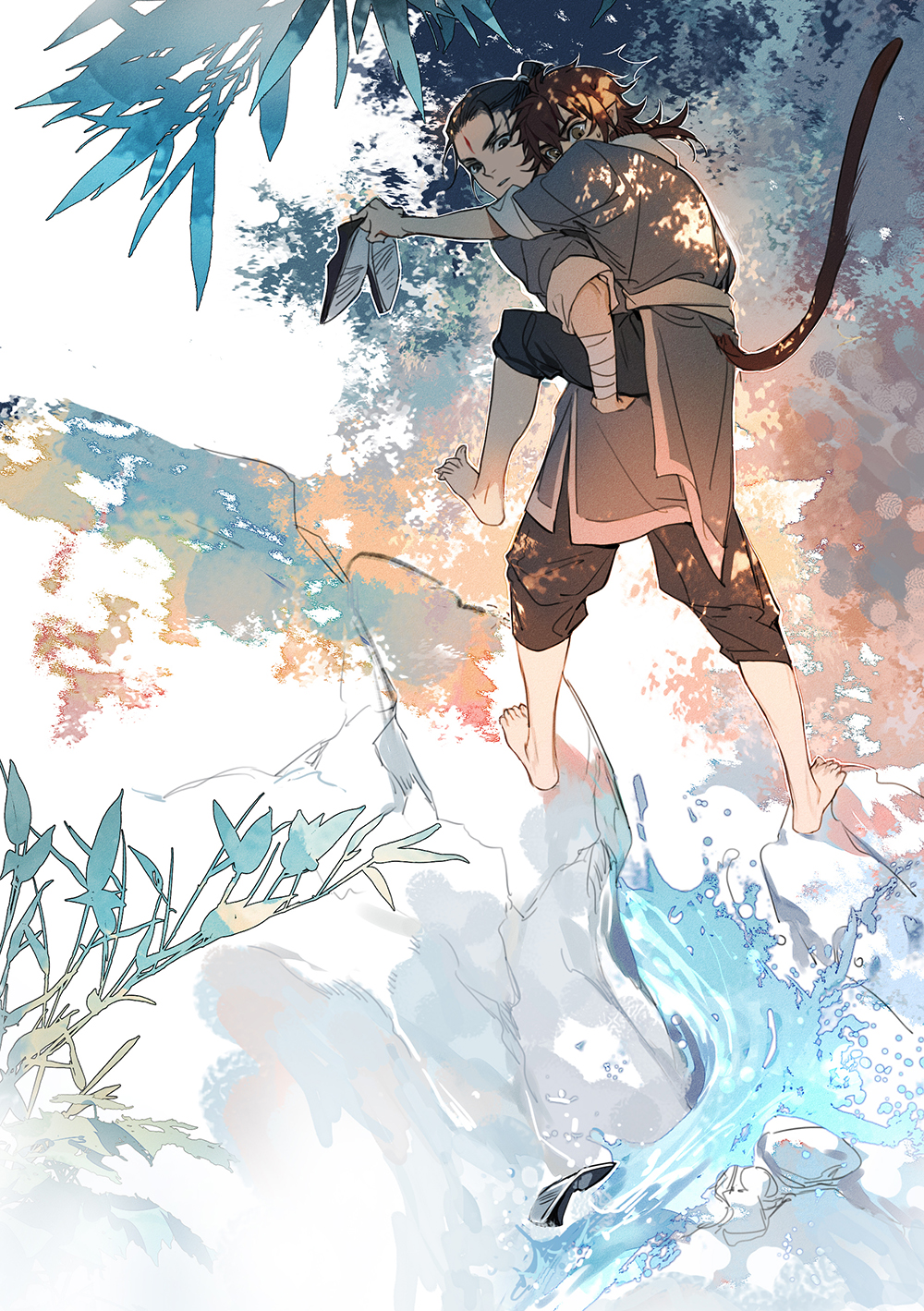21_shiji_qujing_lu 2boys arm_wrap bandages barefoot black_hair black_pants brown_hair carrying clothing_cutout covered_mouth dappled_sunlight day facial_mark forehead_mark from_behind grey_robe highres holding holding_shoes looking_at_viewer looking_back male_focus monkey_tail multiple_boys nature one_eye_covered outdoors outstretched_arm pants pants_rolled_up piggyback robe sash shoe_soles shoes unworn_shoes sleeves_rolled_up stream sun_wukong sunlight surprised tail tail_through_clothes xiandao1213 yang_jian_(journey_to_the_west)