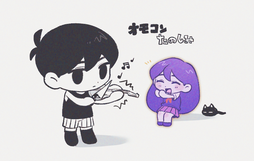1boy 1girl :d ^_^ animal antenna_hair bare_arms bare_shoulders black_cat black_eyes black_hair black_socks black_tank_top blush brother_and_sister cat chibi chibi_only closed_eyes colored_skin commentary_request dot_nose double-parted_bangs empty_eyes film_grain full_body grey_background hair_behind_ear hair_between_eyes holding holding_instrument holding_knife holding_violin instrument kneehighs knife long_hair mari_(headspace)_(omori) mari_(omori) mewo miniskirt musical_note no_pupils no_shoes omori omori_(omori) open_mouth outline own_hands_together pink_skirt pleated_skirt purple_hair purple_shoes purple_sweater_vest shadow shoes short_hair shorts siblings simple_background sitting skirt smile socks standing sweater_vest tank_top tongue translation_request violin white_shorts white_skin wosinnk yellow_outline