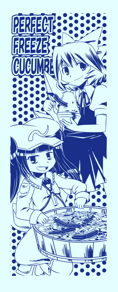 2girls backpack bag blue_theme bow bowl cirno cucumber dress flat_cap hair_bow hat holding holding_bowl holding_spoon ice ice_bucket ice_wings kawashiro_nitori key light_smile long_hair multiple_girls open_mouth pinafore_dress polka_dot polka_dot_background short_hair sleeveless sleeveless_dress spoon taiman_44_koukei touhou two_side_up wings
