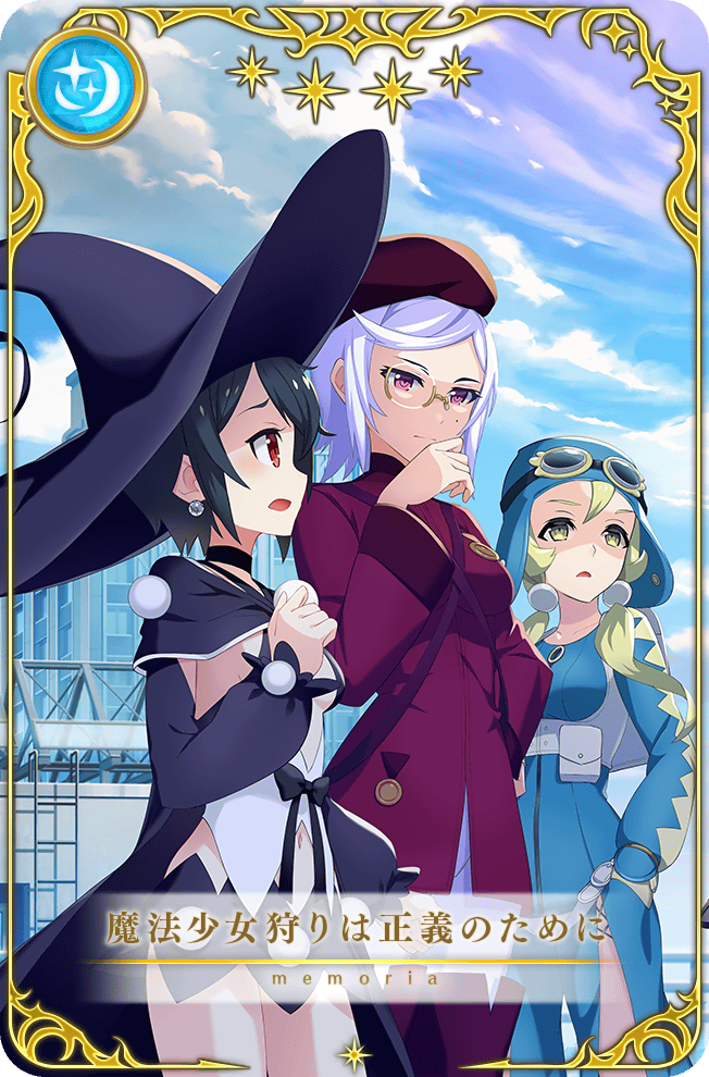 3girls artist_request asami_saki backpack bag beanie belt_bag beret black_cape black_choker black_hair black_hat black_skirt black_sleeves blue_dress blue_hat blue_sky boots breasts building buttons cape card_(medium) choker cleavage_cutout clenched_hand closed_mouth clothing_cutout cloud collared_jacket corset cowboy_shot day detached_sleeves dress earflap_beanie earrings eyelashes forehead frown game_cg glasses goggles goggles_on_headwear green-framed_eyewear green_eyes green_hair hair_ornament hair_over_shoulder hat high_collar jacket jewelry jitome kanna_nico kazumi_(madoka_magica) large_hat long_dress long_sleeves looking_ahead looking_at_another low_twintails magia_record:_mahou_shoujo_madoka_magica_gaiden magical_girl mahou_shoujo_kazumi_magica mahou_shoujo_madoka_magica medal microskirt mole mole_under_eye multiple_girls navel official_art open_mouth outdoors pants picture_frame pink_boots pink_eyes pink_jacket pom_pom_(clothes) pom_pom_hair_ornament puffy_long_sleeves puffy_sleeves red_eyes red_hat round_eyewear scaffolding shirt short_hair side_slit skirt sky small_breasts sphere_earrings standing star_(symbol) stomach_cutout tareme thigh_boots thighs translated twintails white_bag white_corset white_hair white_pants white_shirt wide_sleeves witch_hat worried yellow-framed_eyewear