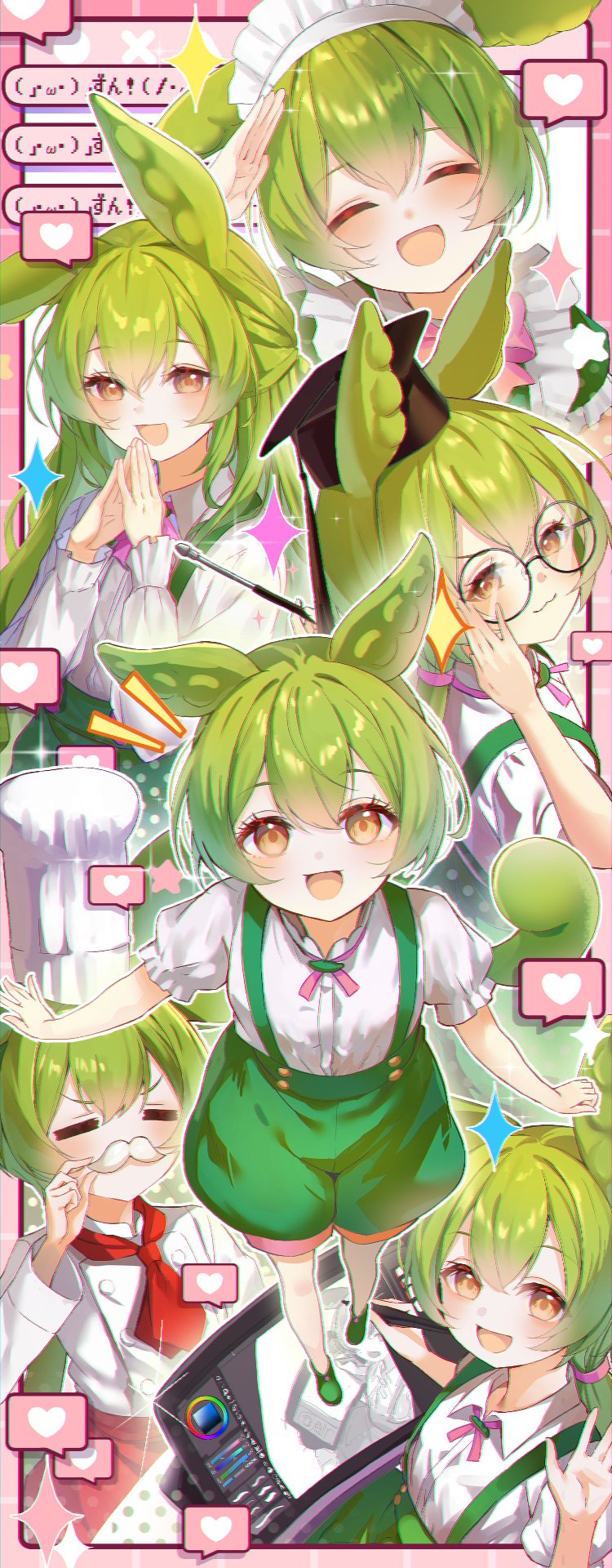 1girl :d ^_^ adjusting_eyewear apron black_hat blush bow bowtie brown_eyes chef chef_hat clip_studio_paint closed_eyes collared_shirt commentary_request emoticon fake_facial_hair fake_mustache frilled_hairband frilled_sleeves frills glasses green_hair green_shoes green_suspenders hairband hat heart highres holding holding_stylus kaomoji kuramoto_beta-carotene maid maid_apron maid_headdress making-of_available mortarboard multiple_views neck_ribbon necktie ojou-sama_zundamon open_mouth own_hands_together pea_pod pen_tablet pink_bow pink_bowtie pink_ribbon pixelated puffy_shorts puffy_sleeves red_necktie ribbon round_eyewear shirt shoes short_necktie shorts smile sparkle spoken_heart stylus suspender_shorts suspenders voiceroid voicevox white_hat white_headdress white_shirt zundamon