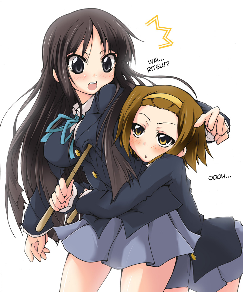 2girls :&lt; akiyama_mio black_eyes black_hair blazer blunt_bangs blush breast_envy breast_poke breasts brown_eyes brown_hair cling drumsticks hairband hard-translated hazuki_haru headband hime_cut hug jacket k-on! long_hair multiple_girls poking school_uniform short_hair skirt surprised tainaka_ritsu third-party_edit tomboy translated