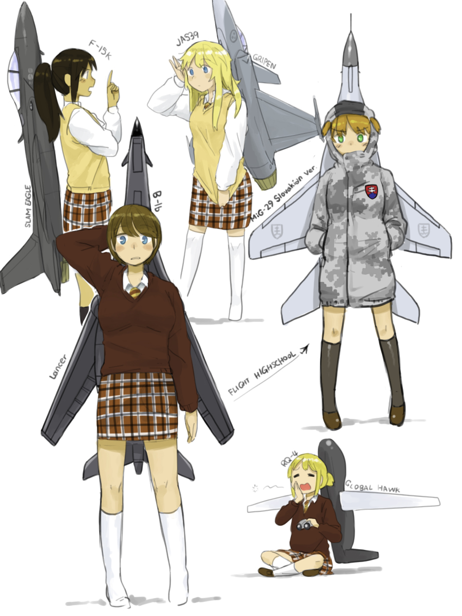 5girls aircraft airplane anyan_(jooho) arrow_(symbol) b-1b_(flight_highschool) binoculars black_hair blonde_hair blue_eyes bomber brown_hair brown_skirt camouflage closed_eyes collared_shirt f-15 f-15_eagle f-15k_(flight_highschool) fighter_jet flight_highschool full_body green_eyes highres holding holding_behind_back hood hoodie indian_style jacket jas-39_(flight_highschool) kneehighs long_hair mecha_musume mig-29 mig-29_(flight_highschool) military military_jacket military_vehicle multiple_girls no_pants orange_hair original personification pleated_skirt ponytail rq-4_(flight_highschool) saab_gripen school_uniform scratching_head shadow shirt short_hair simple_background sitting skirt socks sweater sweater_vest vehicle very_short_hair white_background white_shirt yawning