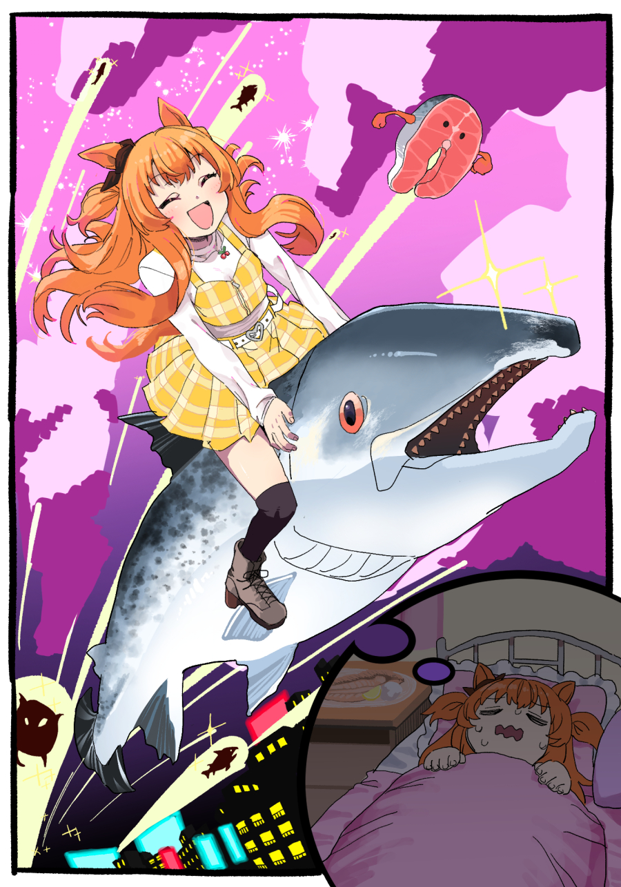 1girl ^_^ animal_ears bed black_border black_thighhighs blanket boots border bow brown_boots closed_eyes cloud dreaming ear_bow floating_hair highres horse_ears horse_girl horse_tail long_hair long_sleeves mayano_top_gun_(umamusume) okachi open_mouth orange_hair pillow plate riding salmon salmon_(fish) shirt skirt smile solo sparkle sweat tail thighhighs two_side_up umamusume vest white_shirt yellow_skirt yellow_vest