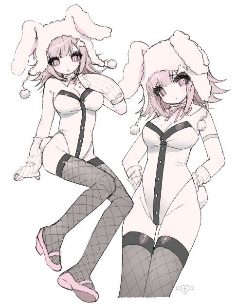 1girl animal_ears breasts brown_thighhighs cleavage danganronpa_(series) danganronpa_2:_goodbye_despair fishnet_thighhighs fishnets hair_ornament jacket large_breasts leotard medium_hair multiple_views nanami_chiaki playboy_bunny rabbit_ears shoes spaceship_hair_ornament strapless strapless_leotard thighhighs u_emper