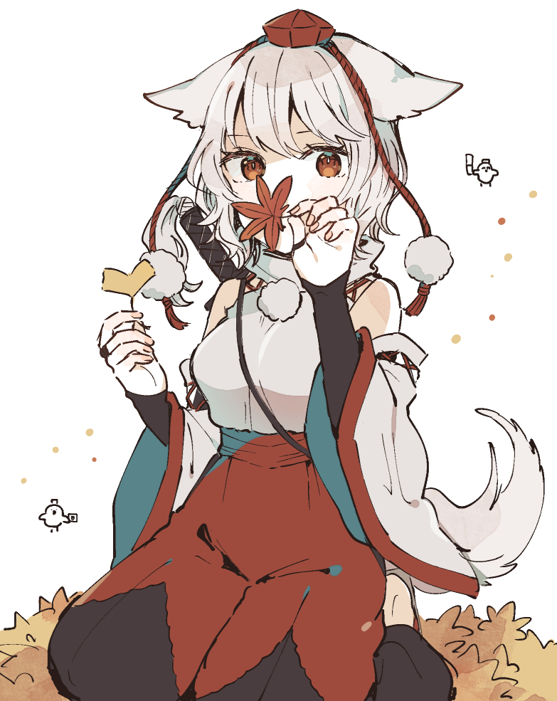 1girl adapted_costume animal_ears autumn_leaves bare_shoulders black_gloves black_hakama bridal_gauntlets commentary_request covering_own_mouth detached_sleeves ginkgo_leaf gloves hakama hakama_pants hands_up hat himekaidou_hatate himekaidou_hatate_(crow) holding holding_leaf inubashiri_momiji japanese_clothes leaf looking_at_viewer mozukuzu_(manukedori) pants pom_pom_(clothes) red_eyes shameimaru_aya shameimaru_aya_(crow) shirt short_hair solo sword sword_on_back tail tassel tokin_hat touhou turtleneck weapon weapon_on_back white_background white_hair white_shirt wide_sleeves wolf_ears wolf_tail