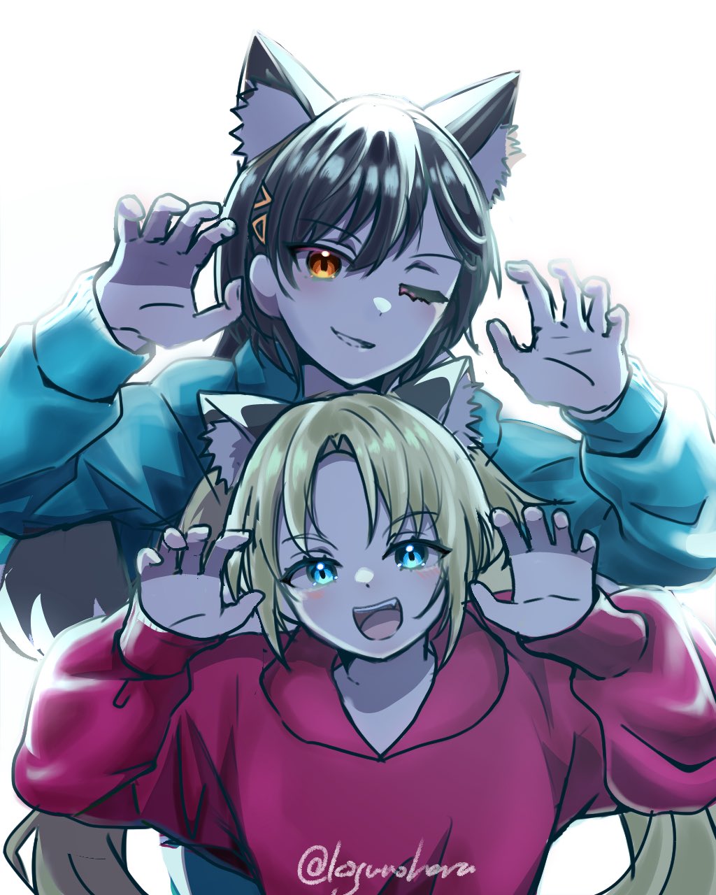 2girls :d ;d animal_ear_fluff animal_ears black_hair blonde_hair blue_eyes blue_hoodie claw_pose commentary_request curtained_hair fang grin hair_ornament highres hood hoodie katsuragi_izumi kemonomimi_mode kigucha link!_like!_love_live! long_hair looking_at_viewer love_live! multiple_girls one_eye_closed open_mouth orange_eyes osawa_rurino parted_bangs pink_hoodie seeno_de!_hasu_no_sora! simple_background smile teeth triangle_hair_ornament twitter_username upper_body upper_teeth_only white_background wolf_cut wolf_ears wolf_girl