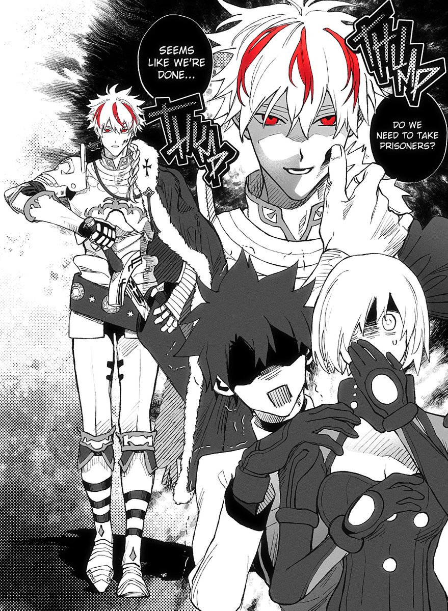 1girl 2boys armor braid cape covering_own_mouth english_text excalibur_(fate/stay_night) fate/grand_order fate/strange_fake fate_(series) fujimaru_ritsuka_(male) fujimaru_ritsuka_(male)_(decisive_battle_chaldea_uniform) fur-trimmed_cape fur_trim gloves greyscale hair_over_one_eye hand_over_own_mouth highres holding holding_sword holding_weapon mash_kyrielight mash_kyrielight_(ortenaus) monochrome multicolored_hair multiple_boys open_mouth partially_shaded_face red_eyes red_hair richard_i_(fate) shikibreeki short_hair side_cape smile solo spot_color streaked_hair surprised sweatdrop sword trembling weapon