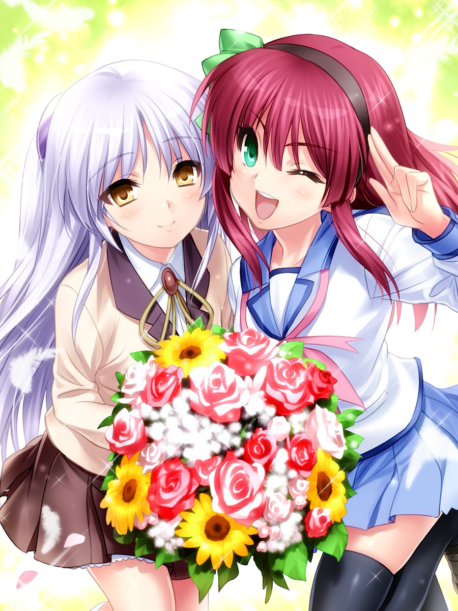 2girls angel_beats! blazer bouquet commentary_request flower green_eyes highres jacket long_hair looking_at_viewer multiple_girls purple_hair salute school_uniform serafuku shinda_sekai_sensen_uniform short_hair silver_hair tenshi_(angel_beats!) thighhighs yellow_eyes nakamura_yuri zen