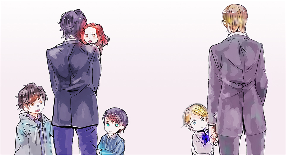 1girl 5boys aged_down aged_up albus_severus_potter black_hair blonde_hair brother_and_sister brothers carrying child draco_malfoy father_and_son formal_clothes harry_potter harry_potter_(series) harry_potter_and_the_cursed_child ihiro james_sirius_potter lily_luna_potter long_hair multiple_boys red_hair scorpius_malfoy short_hair siblings suit wizarding_world