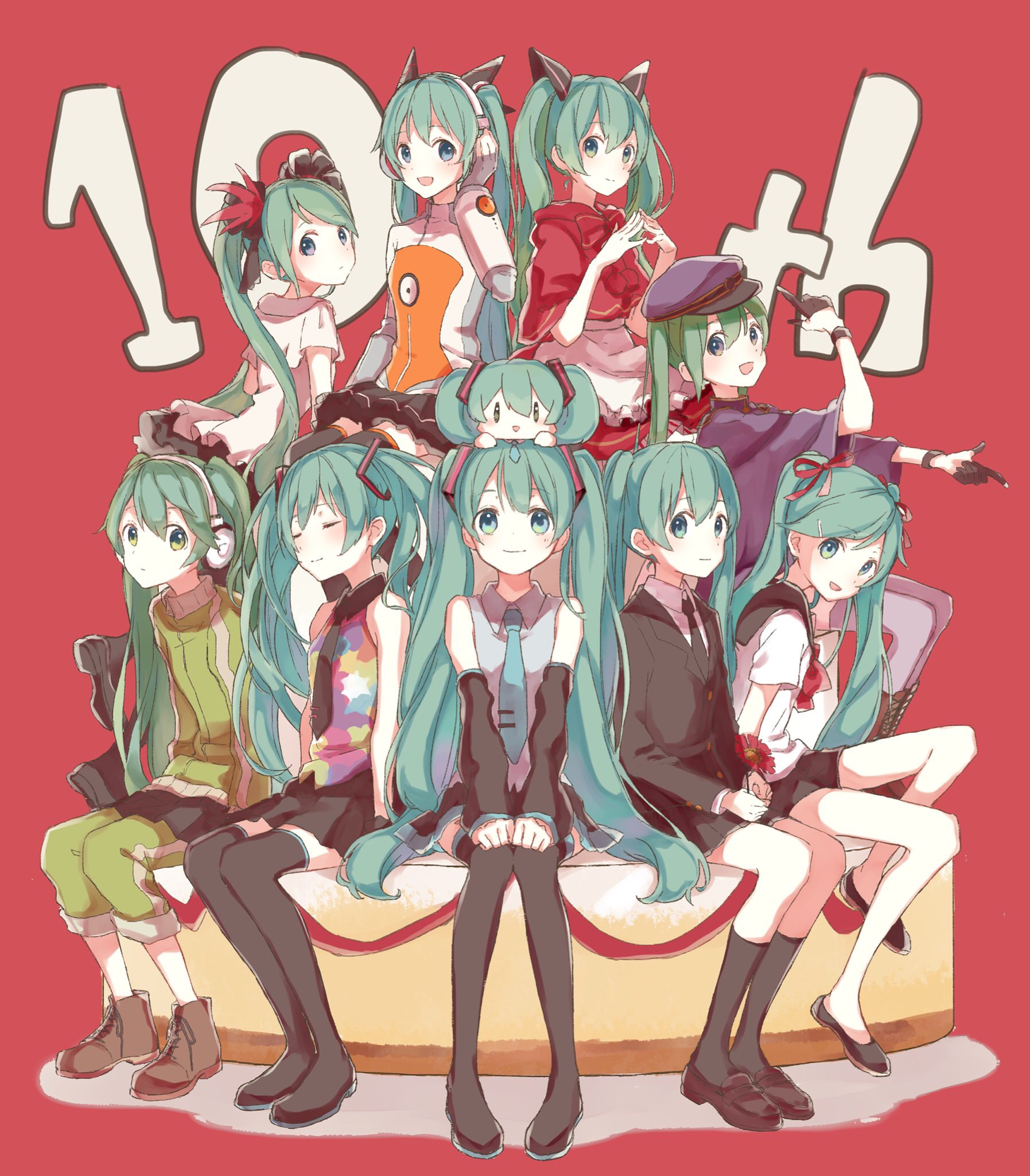 6+girls aqua_eyes aqua_hair chibi chibi_on_head closed_eyes detached_sleeves gloves green_eyes green_hair hat hatsune_miku hatsune_miku_(heartbeat) hatsune_miku_(saihate) hatsune_miku_(supreme) headphones highres long_hair multiple_girls necktie odds_&_ends_(vocaloid) on_head open_mouth peaked_cap red_background saihate_(vocaloid) senbon-zakura_(vocaloid) sentaro207 sitting skirt steepled_fingers tell_your_world_(vocaloid) thighhighs twintails very_long_hair vocaloid world_is_mine_(vocaloid)