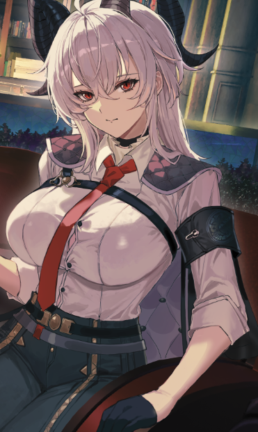 1girl armband black_armband black_choker black_gloves black_horns black_jacket black_pants breasts button_gap chest_harness choker closed_mouth collared_shirt curled_horns gloves grey_hair hair_between_eyes harness high-waist_pants horns jacket jacket_on_shoulders large_breasts long_hair looking_at_viewer molyb necktie pants red_eyes red_necktie shirt shirt_tucked_in sitting solo unfinished wuthering_waves zani_(wuthering_waves)