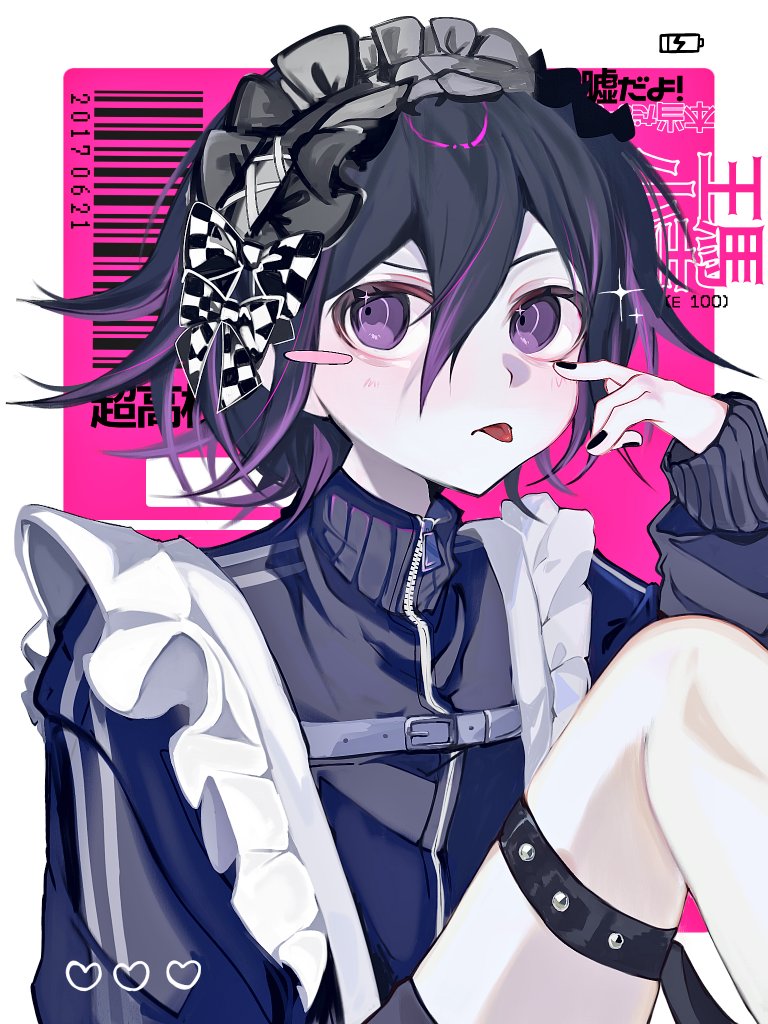 1boy akanbe alternate_costume apron barcode battery_indicator bishounen black_nails blush blush_stickers bow checkered_bow checkered_clothes commentary crossdressing crossdressing_(mtf) danganronpa_(series) danganronpa_v3:_killing_harmony enmaided eyelashes eyelid_pull frilled_apron frilled_hairband frills hair_between_eyes hairband heart jersey jersey_maid knee_up long_sleeves looking_to_the_side maid male_maid nail_polish oma_kokichi pale_skin purple_eyes purple_hair ringed_eyes ronpa_(wqm8x) short_hair studded_thigh_strap symbol-only_commentary thigh_strap tongue tongue_out unconventional_maid upper_body zipper_top