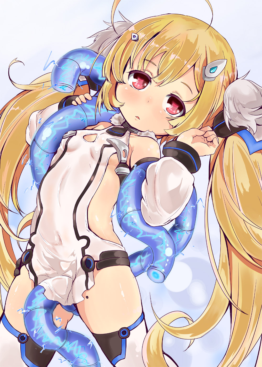 1girl ahoge arms_up azur_lane between_legs blonde_hair breasts covered_navel detached_sleeves dress eldridge_(azur_lane) electricity female_focus hair_ornament hairclip highres long_hair red_eyes shi_ecchi short_dress side_slit small_breasts solo tentacles thighhighs twintails very_long_hair white_dress white_thighhighs zettai_ryouiki