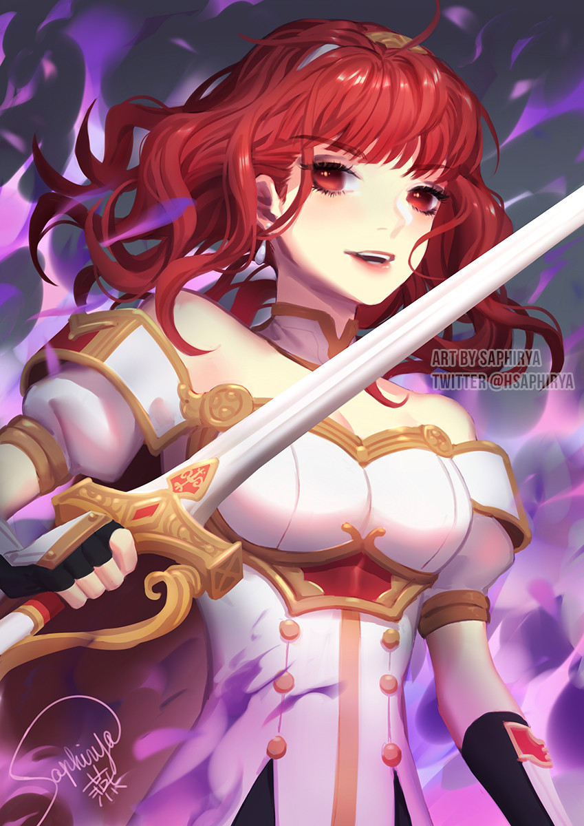 1girl armor aura breastplate cape celica_(fire_emblem) celica_(imprisoned_soul)_(fire_emblem) choker dark_aura dress earrings evil_smile fingerless_gloves fire_emblem fire_emblem_echoes:_shadows_of_valentia gloves highres holding holding_sword holding_weapon jewelry long_hair nintendo princess red_eyes red_hair saphirya smile sword tiara weapon white_armor white_dress witch