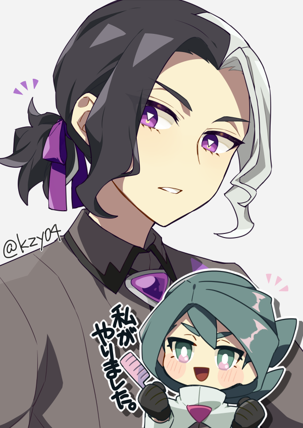 1boy 1girl alternate_hairstyle amethio_(pokemon) blush_stickers bright_pupils chibi collared_shirt comb commentary_request gloves green_eyes green_hair grey_shirt hair_ribbon holding nintendo notice_lines onia_(pokemon) parted_lips pokemon pokemon_(anime) pokemon_horizons purple_eyes purple_ribbon ribbon shirt white_pupils yuita_ro