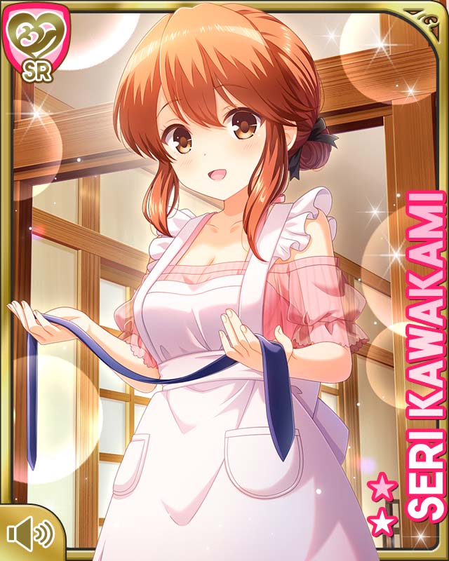 1girl :d apron blue_necktie breasts brown_eyes brown_hair card_(medium) character_name cleavage collarbone dress girlfriend_(kari) hair_bun indoors kawakami_seri long_hair looking_at_viewer medium_breasts necktie official_art open_mouth pink_dress qp:flapper short_sleeves single_hair_bun smile solo sparkle standing tagme white_apron