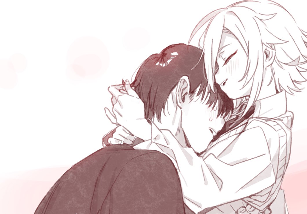 2boys blush cardigan closed_eyes collared_shirt cr-r head_on_chest hug male_focus monochrome multiple_boys nijisanji open_clothes shirt short_hair simple_background sketch smile upper_body uzuki_kou virtual_youtuber white_background yaoi