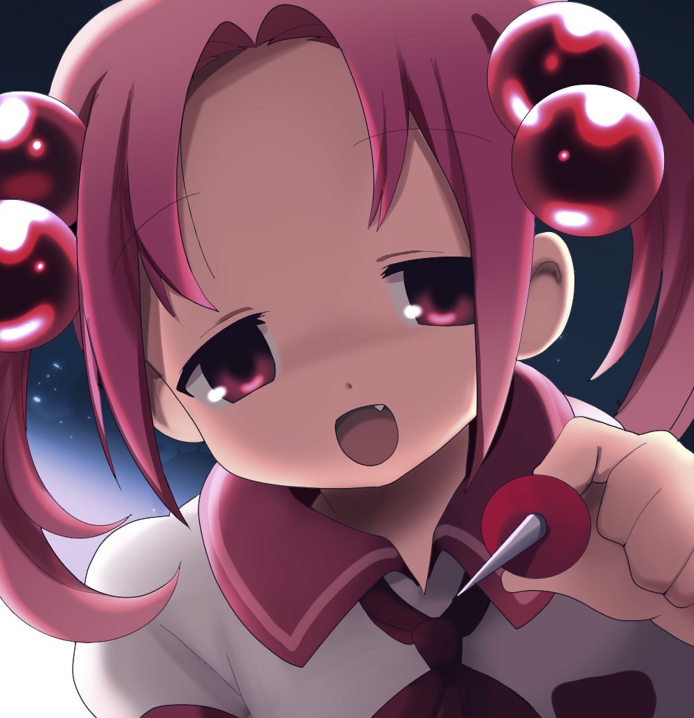 1girl bk_(barakoodra) fang hair_bobbles hair_ornament holding large_forehead open_mouth parted_bangs personification pink_eyes pink_hair pinterest pushpin smile tareme