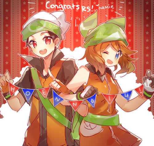 00s 10s 1boy 1girl :d ;d bad_id bad_pixiv_id bag bandana black_hair blue_eyes breasts brendan_(pokemon) brendan_(pokemon_emerald) brown_hair fingerless_gloves gloves green_bandana happy hat looking_at_viewer lowres may_(pokemon) may_(pokemon_emerald) namie-kun nintendo one_eye_closed open_mouth pokemon pokemon_emerald pokemon_rse red_eyes shirt short_hair small_breasts smile wink