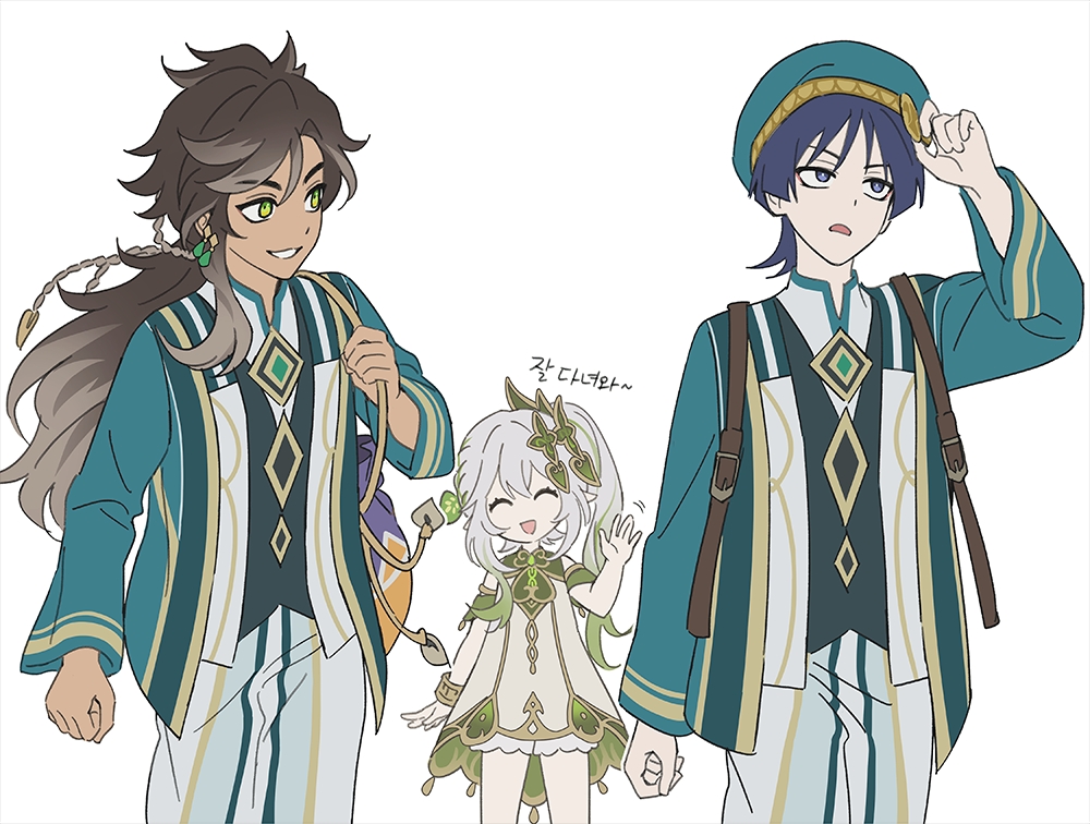 2boys akademiya_uniform angduuuu_(ghost) bag bloomers brown_hair closed_eyes commentary dark-skinned_male dark_skin dress english_commentary genshin_impact green_eyes green_hair grey_hair hair_ornament hat korean_text long_hair long_sleeves male_focus multicolored_hair multiple_boys nahida_(genshin_impact) purple_eyes purple_hair scaramouche_(genshin_impact) sethos_(genshin_impact) side_ponytail simple_background underwear waving white_background white_bloomers white_dress