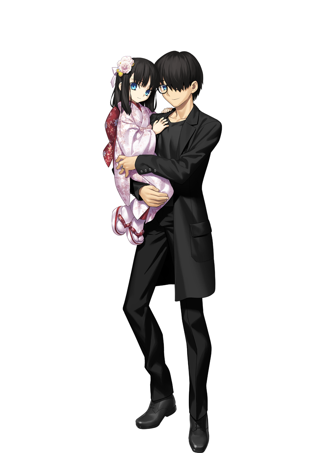 1boy 1girl black_hair blue_eyes family fate/grand_order fate_(series) father_and_daughter game_cg glasses hair_over_one_eye highres jacket japanese_clothes kara_no_kyoukai kimono kokutou_mikiya looking_at_viewer mahou_tsukai_no_yoru obi official_art ryougi_mana sash short_hair smile takeuchi_takashi transparent_background type-moon