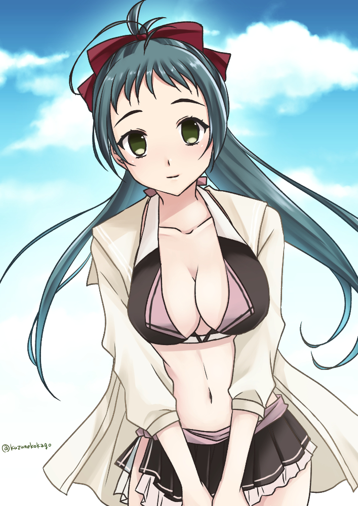 1girl bikini bikini_skirt black_bikini black_skirt blue_sky breasts cleavage cloud commentary_request cowboy_shot irako_(kancolle) irako_(swimsuit)_(kancolle) kantai_collection large_breasts leaning_forward looking_at_viewer navel one-hour_drawing_challenge pleated_skirt shizukuneko skirt sky solo swimsuit