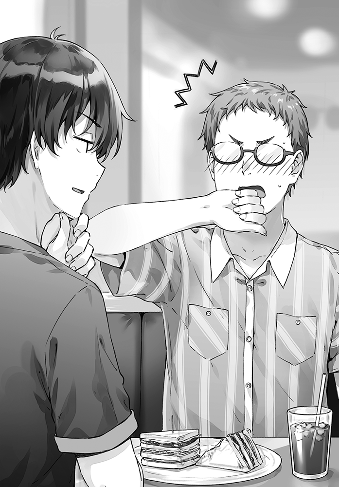 2boys ^^^ asamura_yuuta blush breast_pocket cake collarbone collared_shirt commentary_request cup diner drink drinking_straw food gimai_seikatsu glasses greyscale hand_on_own_chin hand_up hiten_(hitenkei) monochrome multiple_boys novel_illustration official_art opaque_glasses open_mouth pocket second-party_source shirt short_hair short_sleeves sitting striped_clothes striped_shirt vertical-striped_clothes vertical-striped_shirt
