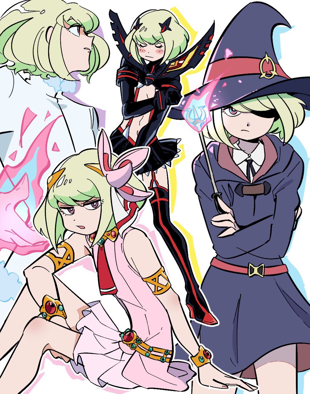 1boy adjusting_clothes alpha_omega_nova annoyed armlet bare_shoulders belt blonde_hair blush body_blush boots bracelet closed_eyes closed_mouth company_connection cosplay crazy_lon_gerr creator_connection crossdressing crossdressing_(mtf) crossed_arms dot_nose dress embarrassed feet_out_of_frame flower frown gainax garter_straps green_hair hair_flower hair_ornament hair_over_one_eye hat highres holding holding_wand jewelry jitome kill_la_kill lio_fotia little_witch_academia looking_at_viewer male_focus matoi_ryuuko matoi_ryuuko_(cosplay) midriff miniskirt multiple_views navel nia_teppelin nia_teppelin_(cosplay) open_mouth parody promare pulling_own_clothes purple_eyes robe senketsu short_hair simple_background sitting skirt solo standing suspender_skirt suspenders tengen_toppa_gurren_lagann thigh_boots thighhighs trap trigger_(company) uchuu_patrol_luluco wand white_background witch_hat zettai_ryouiki