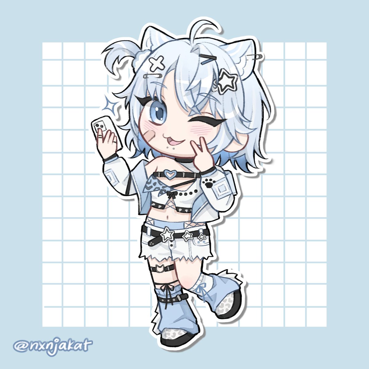 1girl ahoge animal_ear_fluff animal_ear_piercing animal_ears animal_print bandaid bandaid_on_cheek bandaid_on_face bare_shoulders belt belt_buckle black_belt black_bow black_choker black_shoes blue_border blue_eyes blue_hair blue_leg_warmers blue_panties border bow buckle cat_ears cellphone chest_belt chibi choker commentary commission crop_top cross-laced_clothes cross-laced_top crossed_bangs denim denim_shorts english_commentary extra_ears face_piercing fishnet_panties fur-trimmed_shoes grid_background hair_ornament hairclip hand_on_own_cheek hand_on_own_face happy heart heart-shaped_buckle high-waist_panties highres holding holding_phone jacket jewelry kneehighs leg_warmers leopard_print light_blush lip_piercing long_sleeves medium_hair midriff multiple_belts multiple_piercings nxnjakat o-ring o-ring_thigh_strap one_eye_closed one_side_up open_mouth original outline outside_border panties paperclip paperclip_hair_ornament parted_bangs paw_print paw_print_pattern phone piercing platform_shoes pom_pom_(clothes) pom_pom_hair_ornament ring shirt shoes shorts single_bare_shoulder smartphone smile socks solo sparkle standing star-shaped_buckle star_(symbol) star_hair_ornament thigh_strap torn_clothes torn_shorts twitter_username two-sided_fabric two-sided_jacket underwear v vgen_commission white_background white_jacket white_outline white_shirt white_shorts white_socks x_hair_ornament y2k_fashion